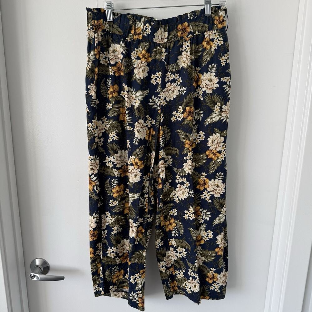Blue Tropical‎ Floral Print Linen Blend Pull-On Pants Womens Size M